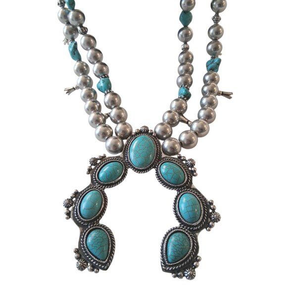 Vintage Chicos Faux Turquoise Squash Blossom Ceremonial Necklace - Picture 4 of 8